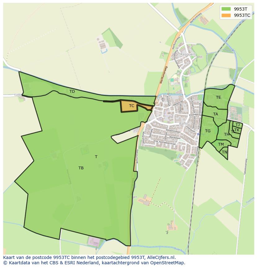 Afbeelding van het postcodegebied 9953 TC op de kaart.