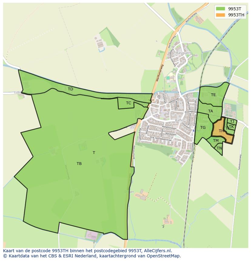 Afbeelding van het postcodegebied 9953 TH op de kaart.