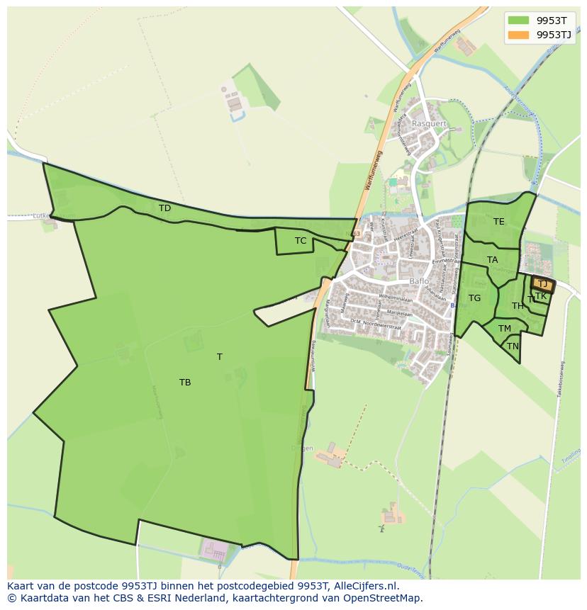 Afbeelding van het postcodegebied 9953 TJ op de kaart.