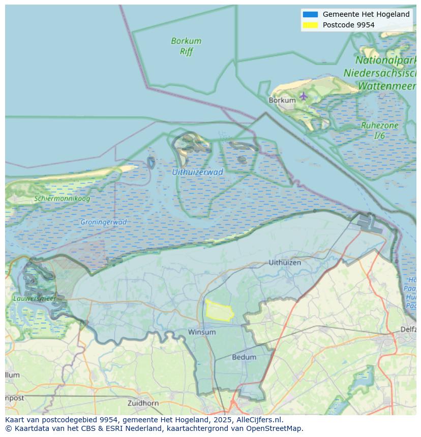Afbeelding van het postcodegebied 9954 op de kaart.