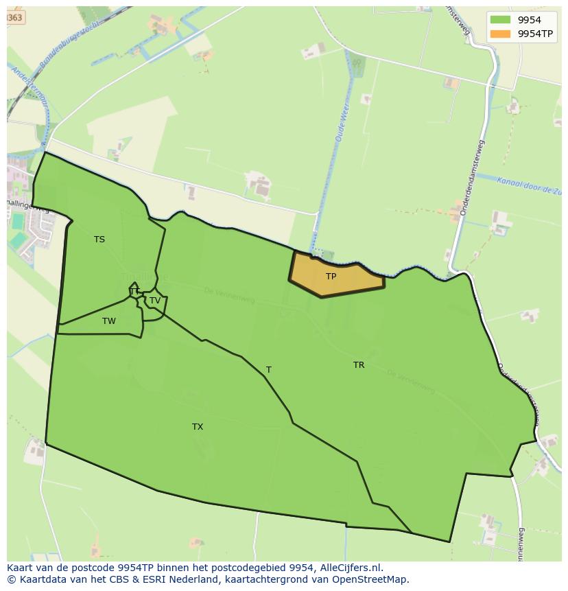 Afbeelding van het postcodegebied 9954 TP op de kaart.