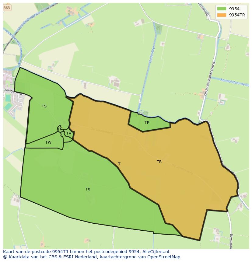Afbeelding van het postcodegebied 9954 TR op de kaart.