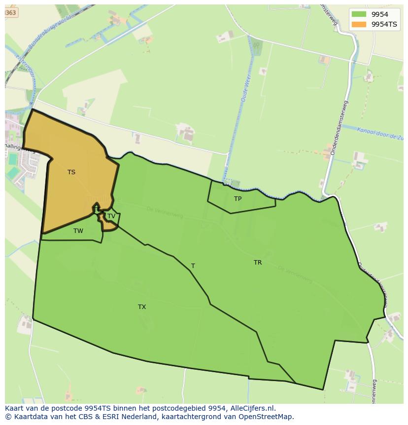 Afbeelding van het postcodegebied 9954 TS op de kaart.