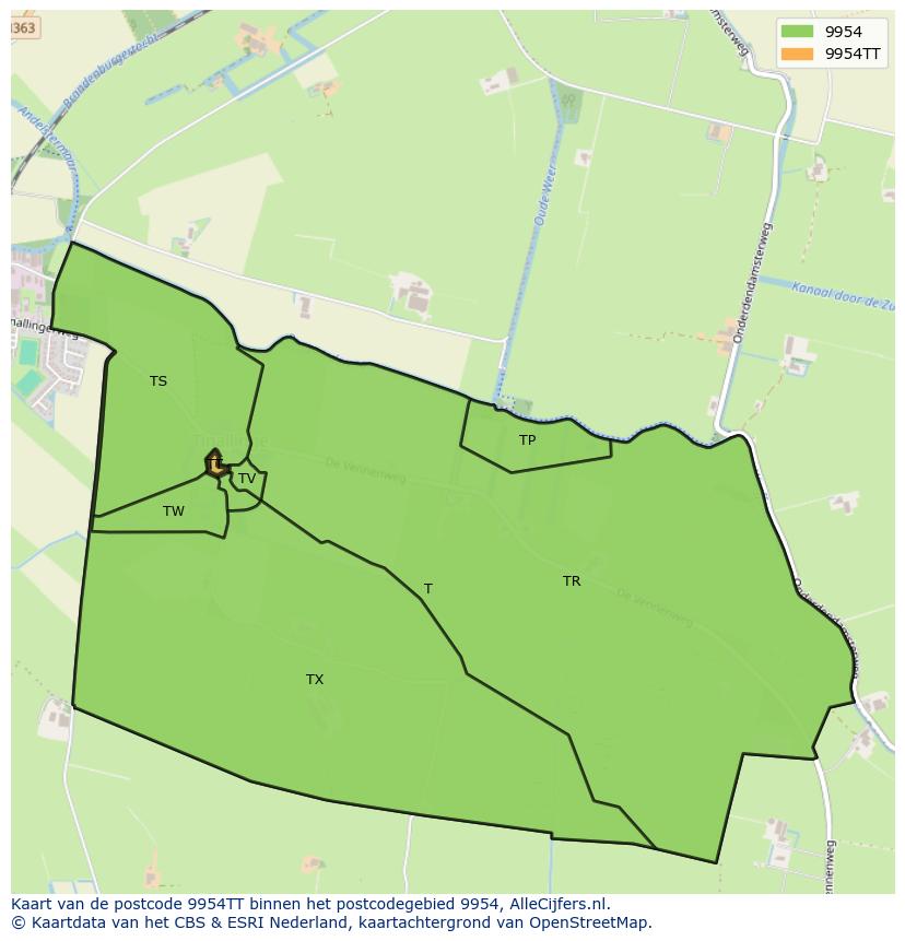 Afbeelding van het postcodegebied 9954 TT op de kaart.