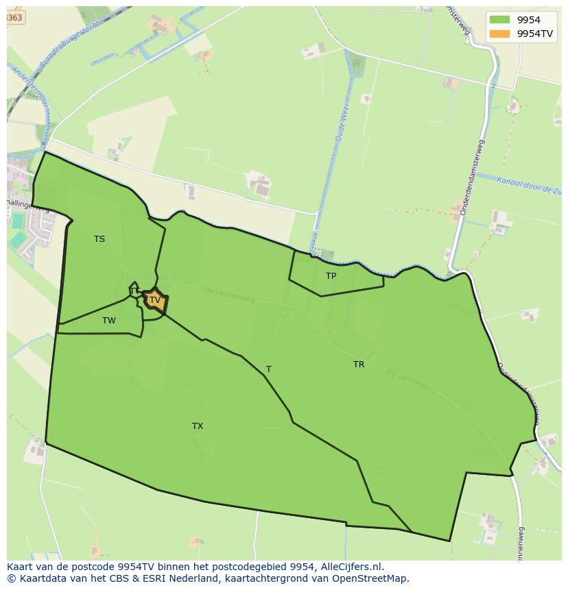 Afbeelding van het postcodegebied 9954 TV op de kaart.