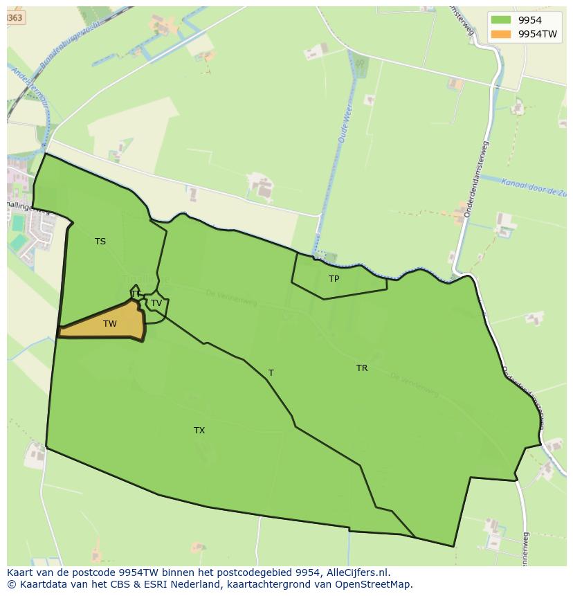 Afbeelding van het postcodegebied 9954 TW op de kaart.