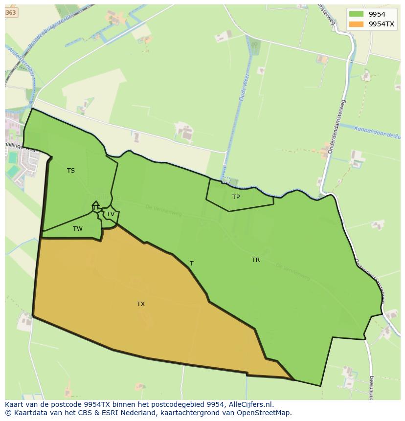 Afbeelding van het postcodegebied 9954 TX op de kaart.