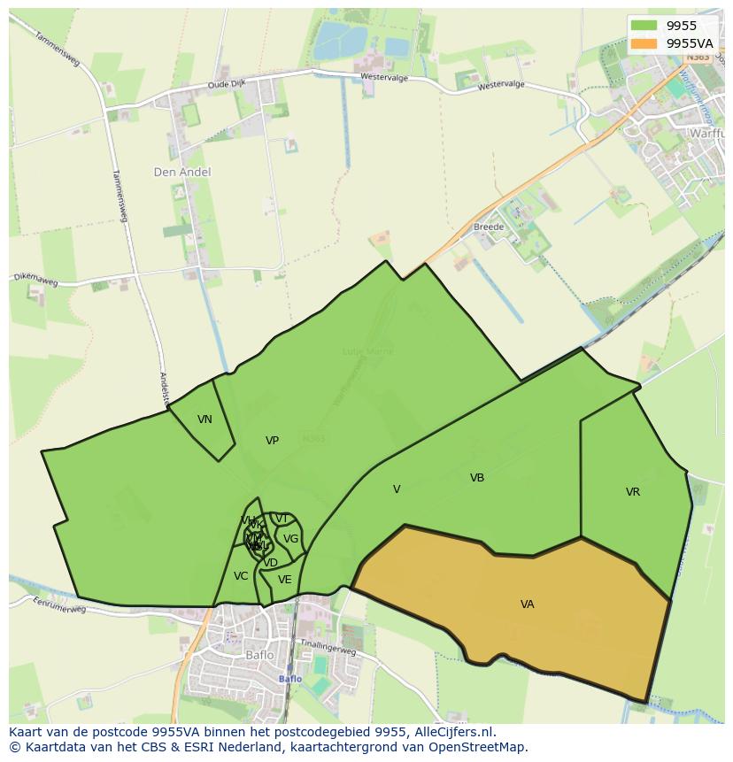 Afbeelding van het postcodegebied 9955 VA op de kaart.