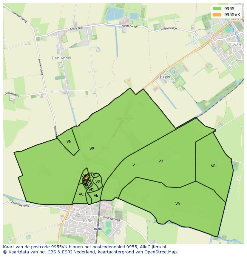 Afbeelding van het postcodegebied 9955 VK op de kaart.