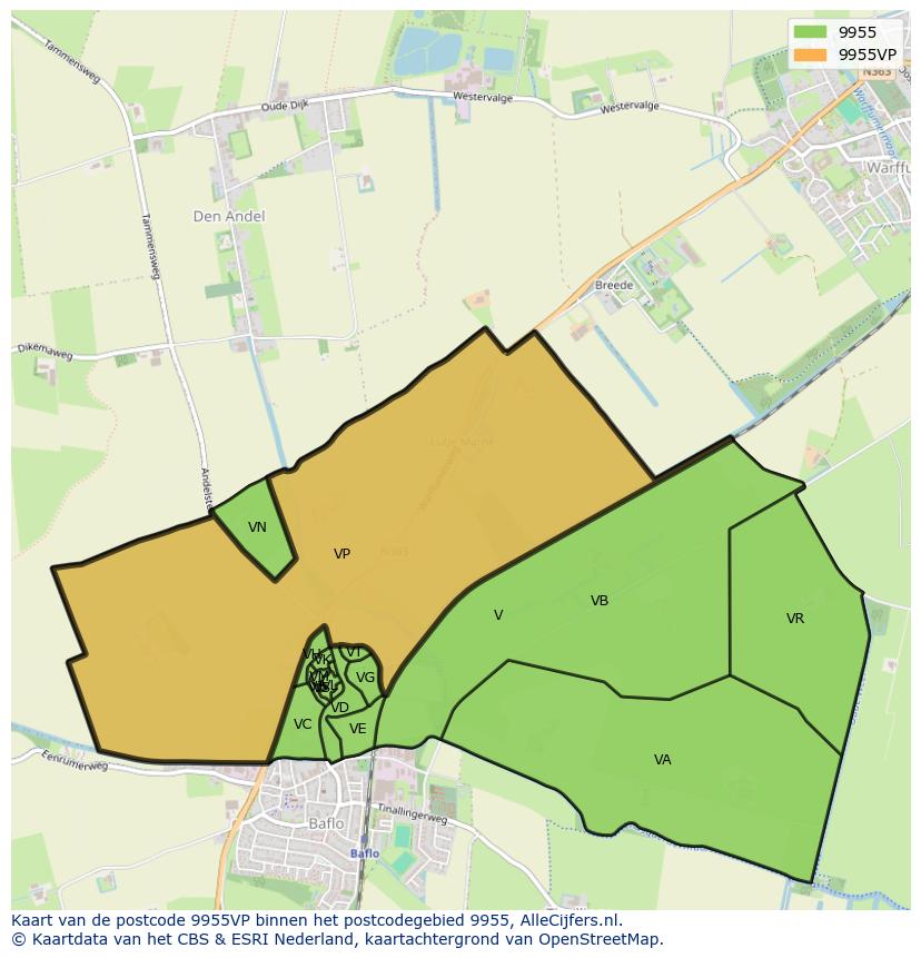 Afbeelding van het postcodegebied 9955 VP op de kaart.