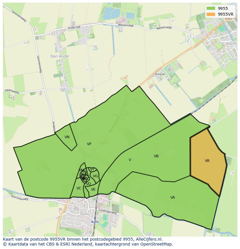 Afbeelding van het postcodegebied 9955 VR op de kaart.