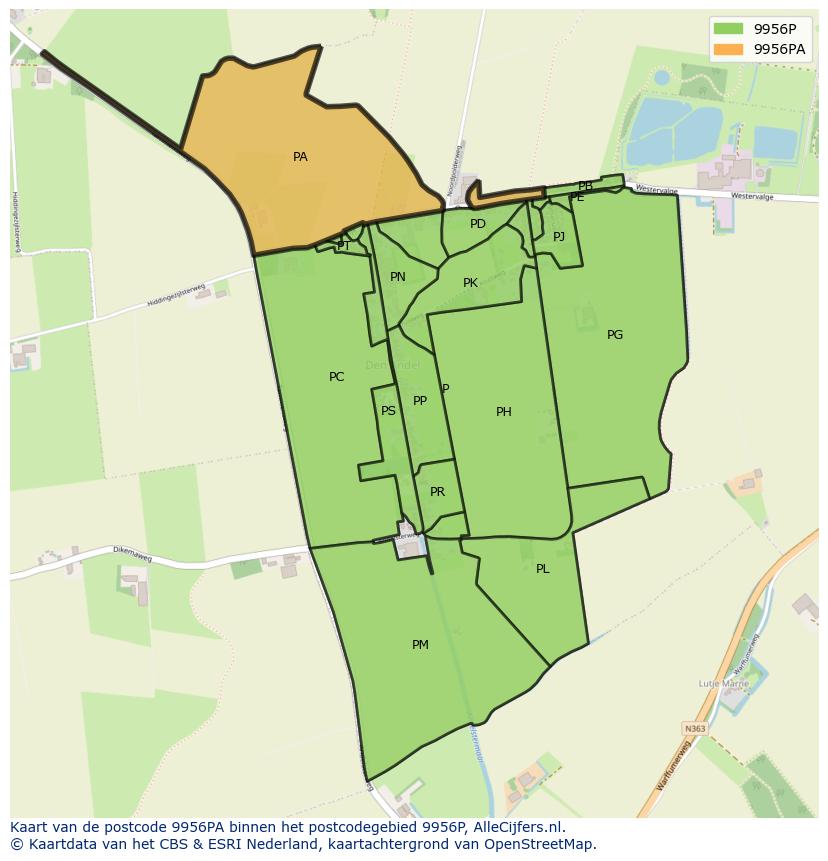 Afbeelding van het postcodegebied 9956 PA op de kaart.
