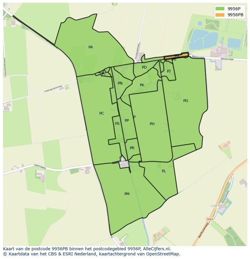 Afbeelding van het postcodegebied 9956 PB op de kaart.