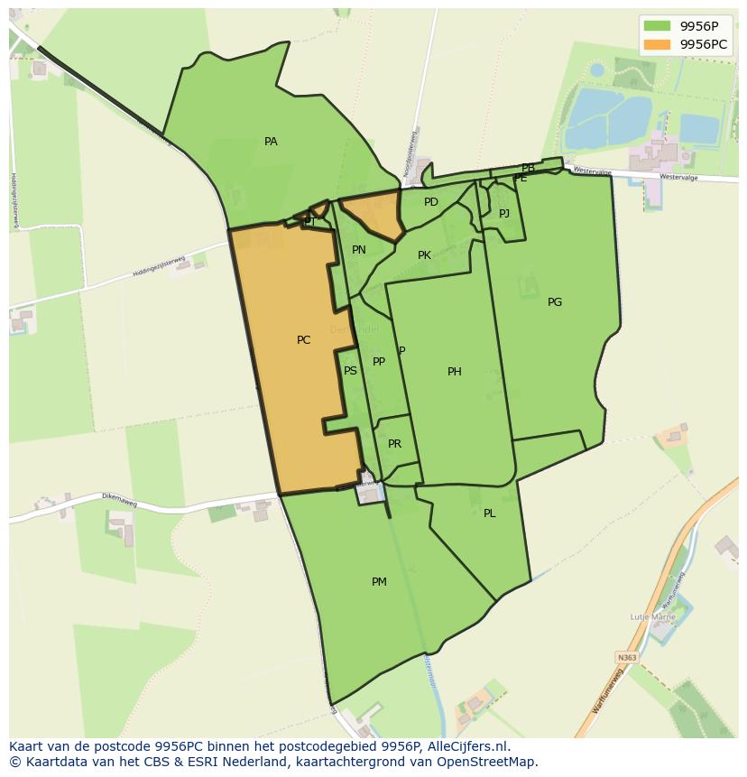 Afbeelding van het postcodegebied 9956 PC op de kaart.