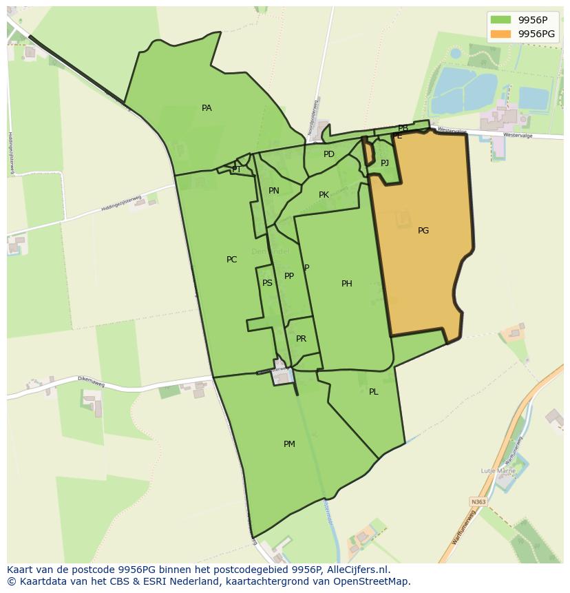 Afbeelding van het postcodegebied 9956 PG op de kaart.
