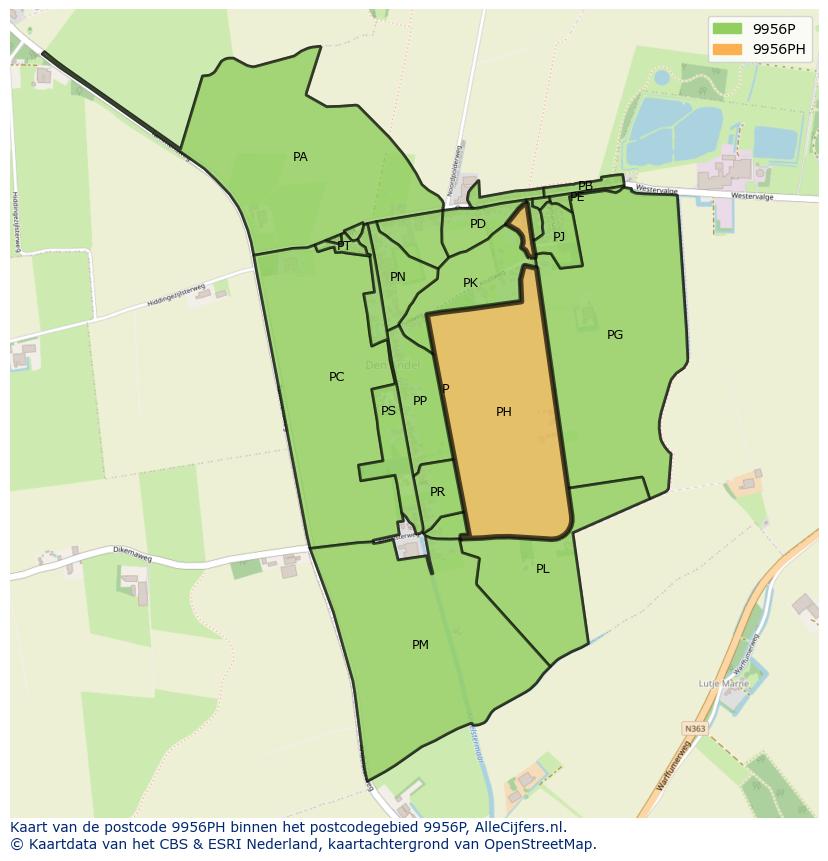 Afbeelding van het postcodegebied 9956 PH op de kaart.