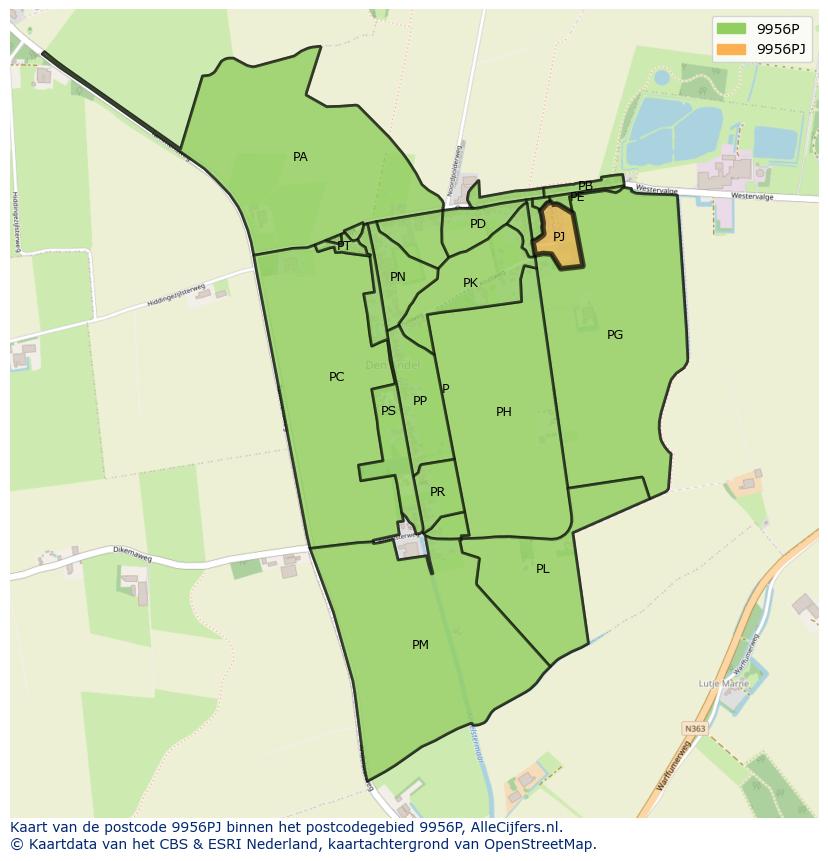 Afbeelding van het postcodegebied 9956 PJ op de kaart.