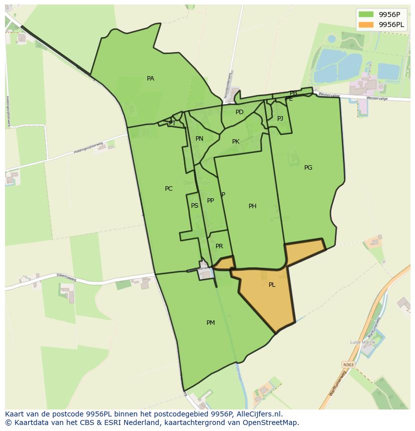 Afbeelding van het postcodegebied 9956 PL op de kaart.