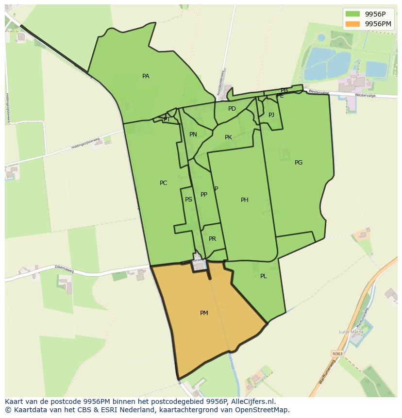 Afbeelding van het postcodegebied 9956 PM op de kaart.