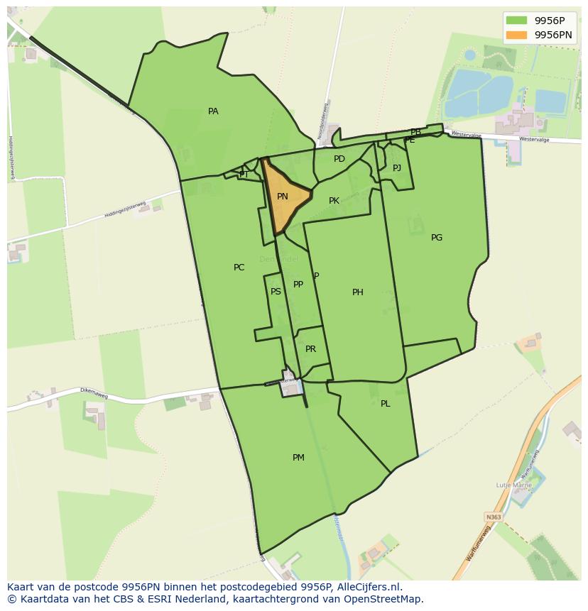 Afbeelding van het postcodegebied 9956 PN op de kaart.