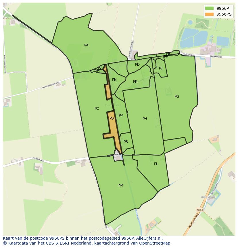 Afbeelding van het postcodegebied 9956 PS op de kaart.