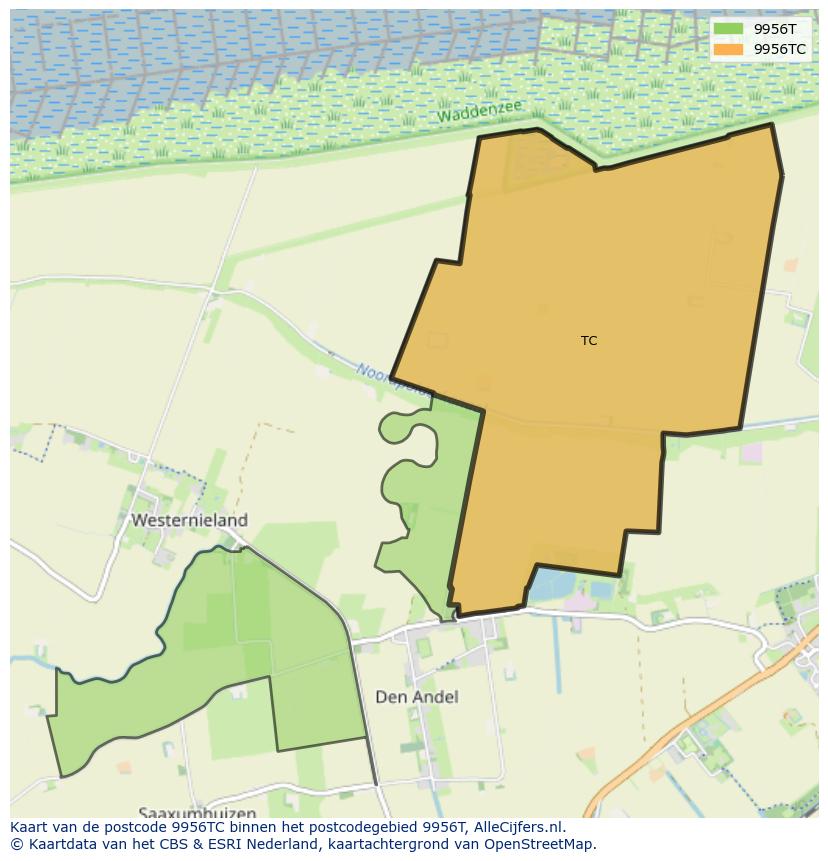 Afbeelding van het postcodegebied 9956 TC op de kaart.