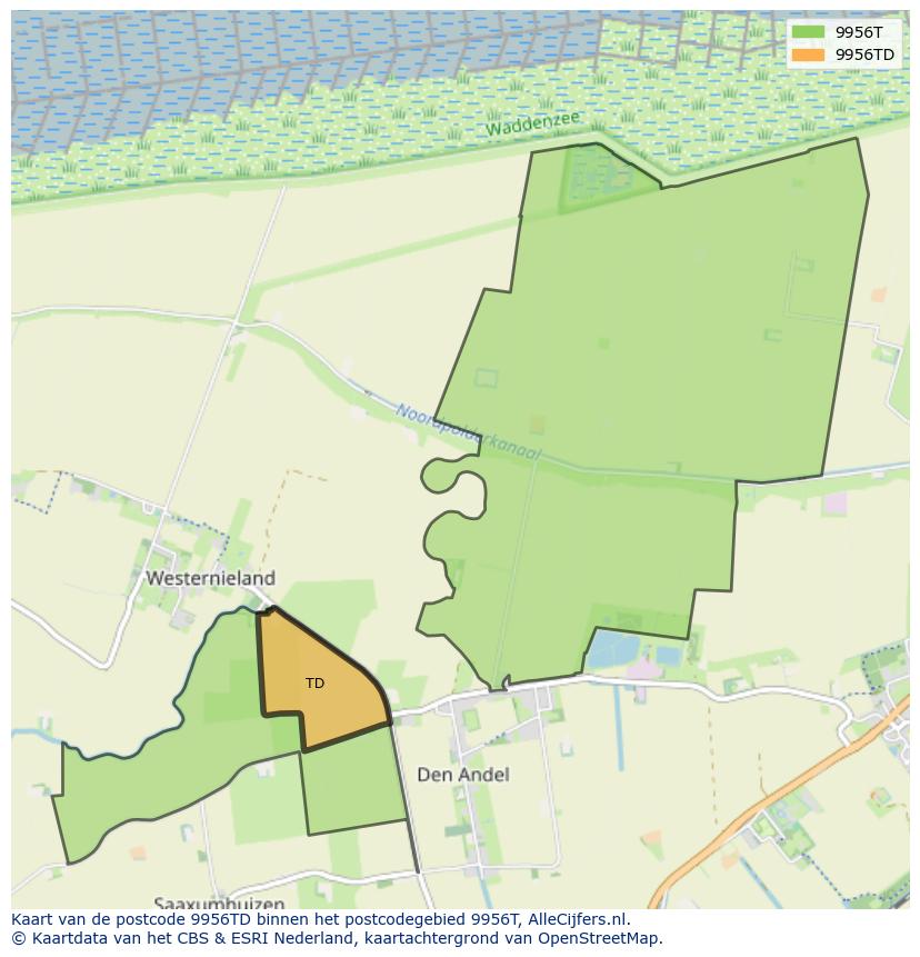 Afbeelding van het postcodegebied 9956 TD op de kaart.