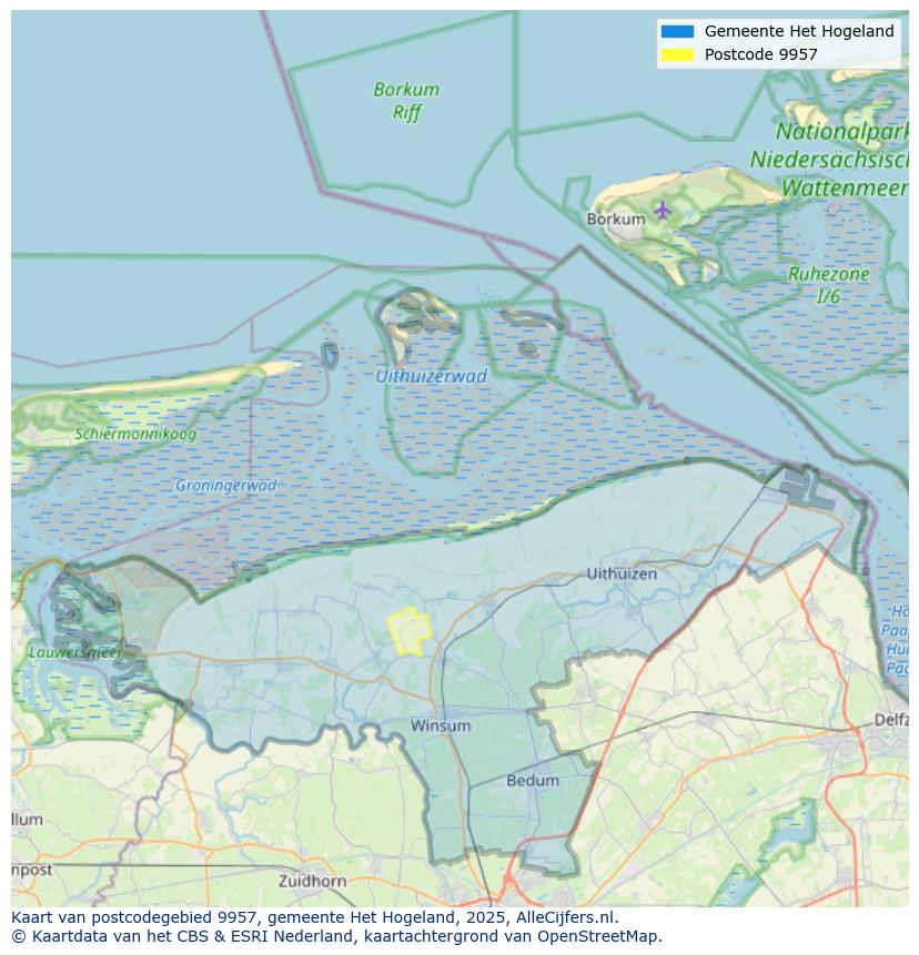 Afbeelding van het postcodegebied 9957 op de kaart.