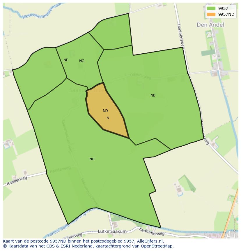Afbeelding van het postcodegebied 9957 ND op de kaart.