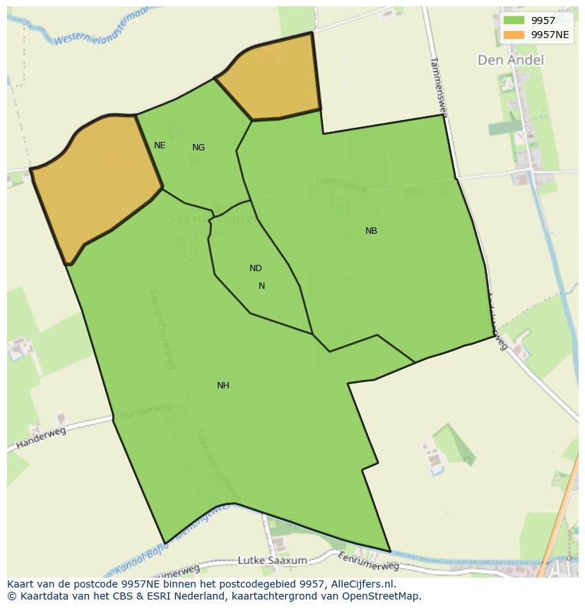 Afbeelding van het postcodegebied 9957 NE op de kaart.