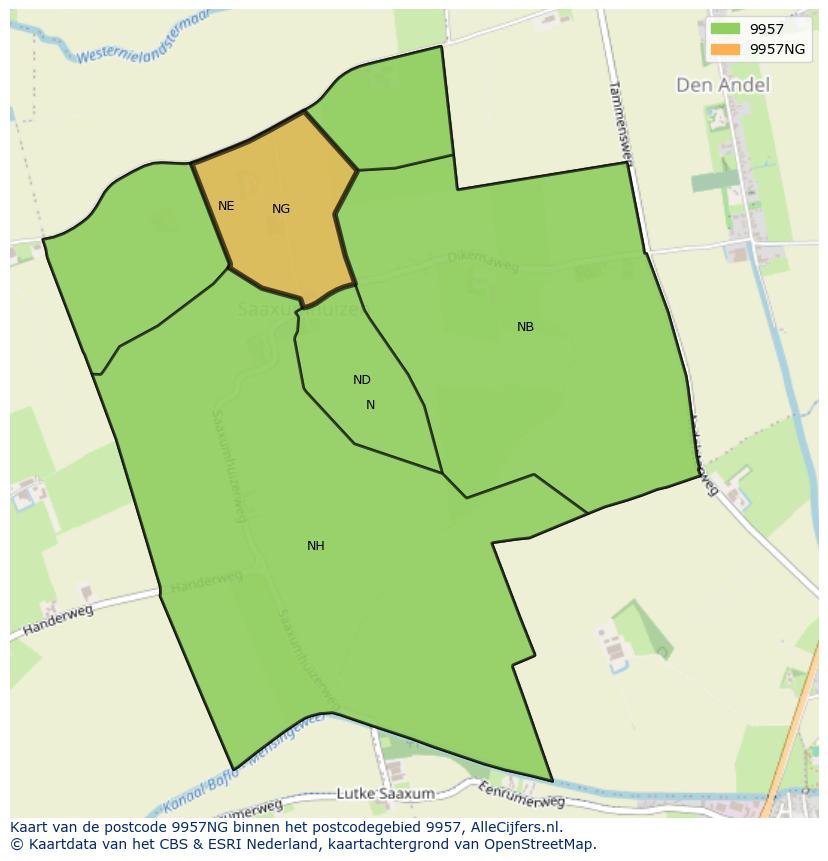 Afbeelding van het postcodegebied 9957 NG op de kaart.
