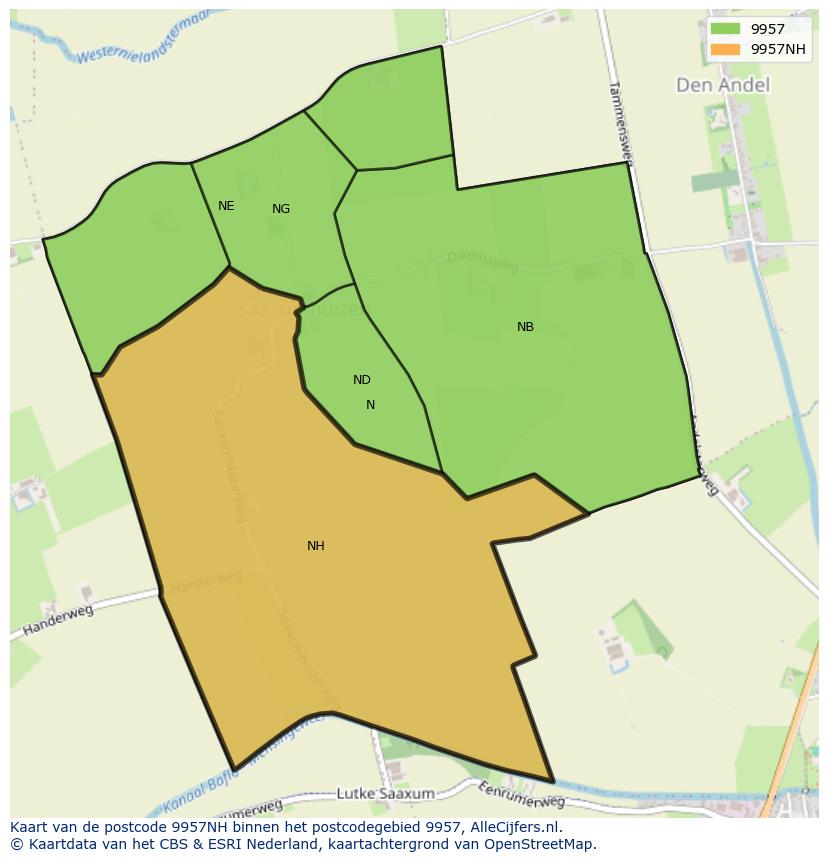 Afbeelding van het postcodegebied 9957 NH op de kaart.