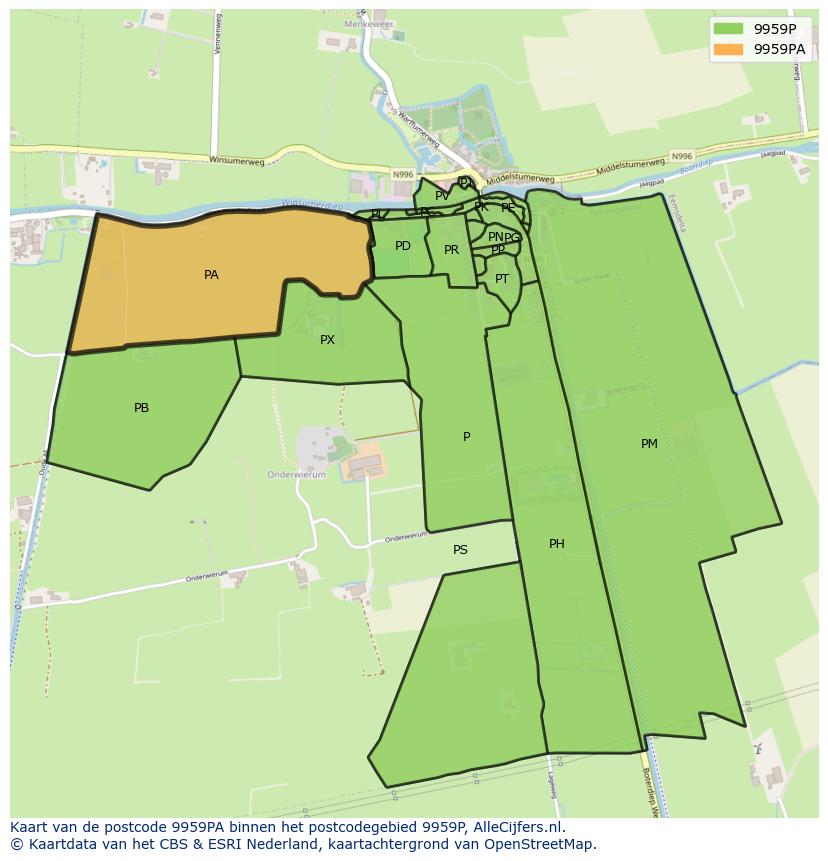 Afbeelding van het postcodegebied 9959 PA op de kaart.