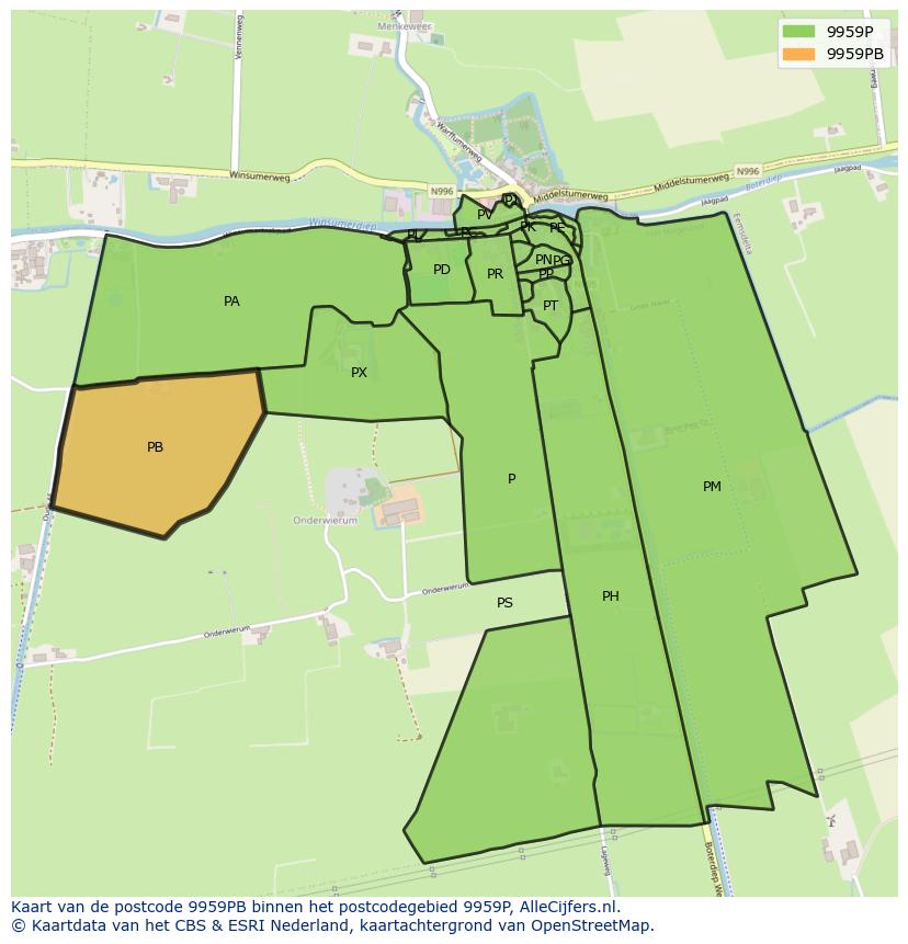Afbeelding van het postcodegebied 9959 PB op de kaart.