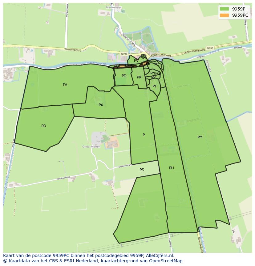 Afbeelding van het postcodegebied 9959 PC op de kaart.