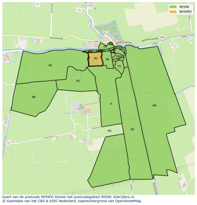 Afbeelding van het postcodegebied 9959 PD op de kaart.