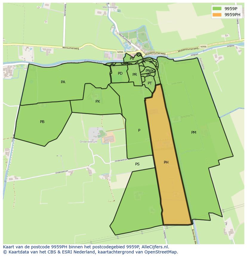 Afbeelding van het postcodegebied 9959 PH op de kaart.