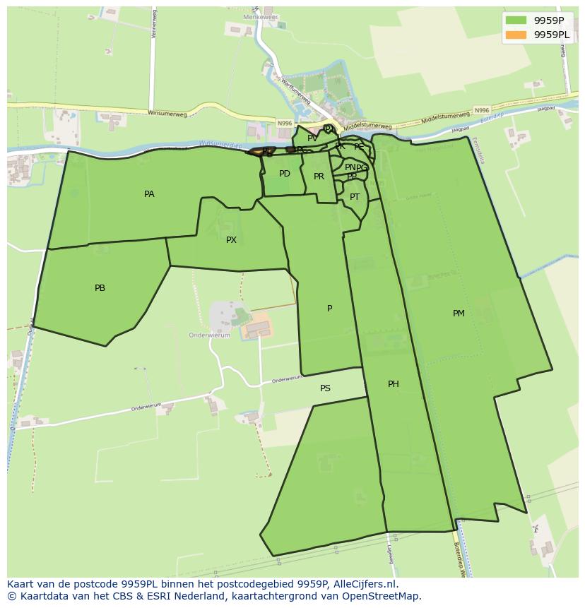 Afbeelding van het postcodegebied 9959 PL op de kaart.