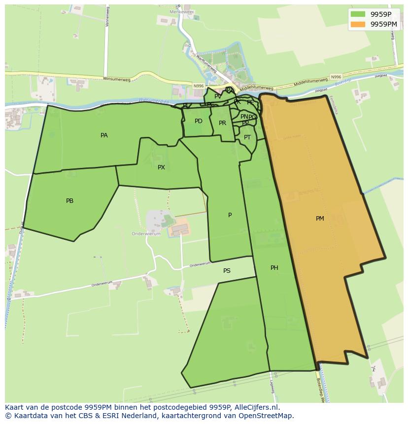 Afbeelding van het postcodegebied 9959 PM op de kaart.