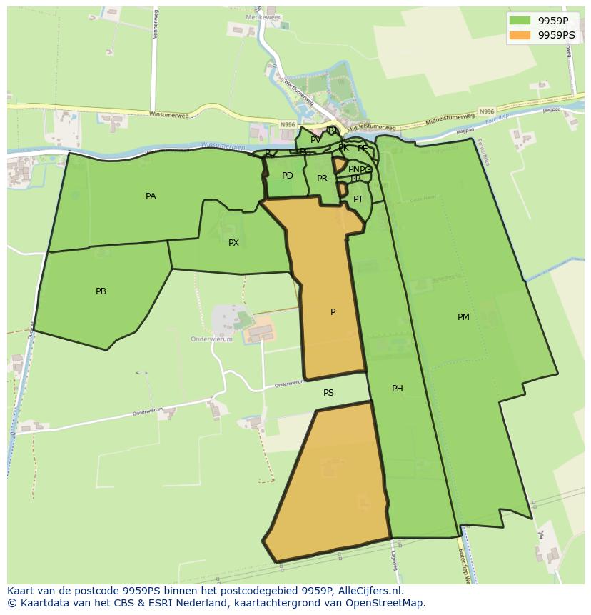 Afbeelding van het postcodegebied 9959 PS op de kaart.