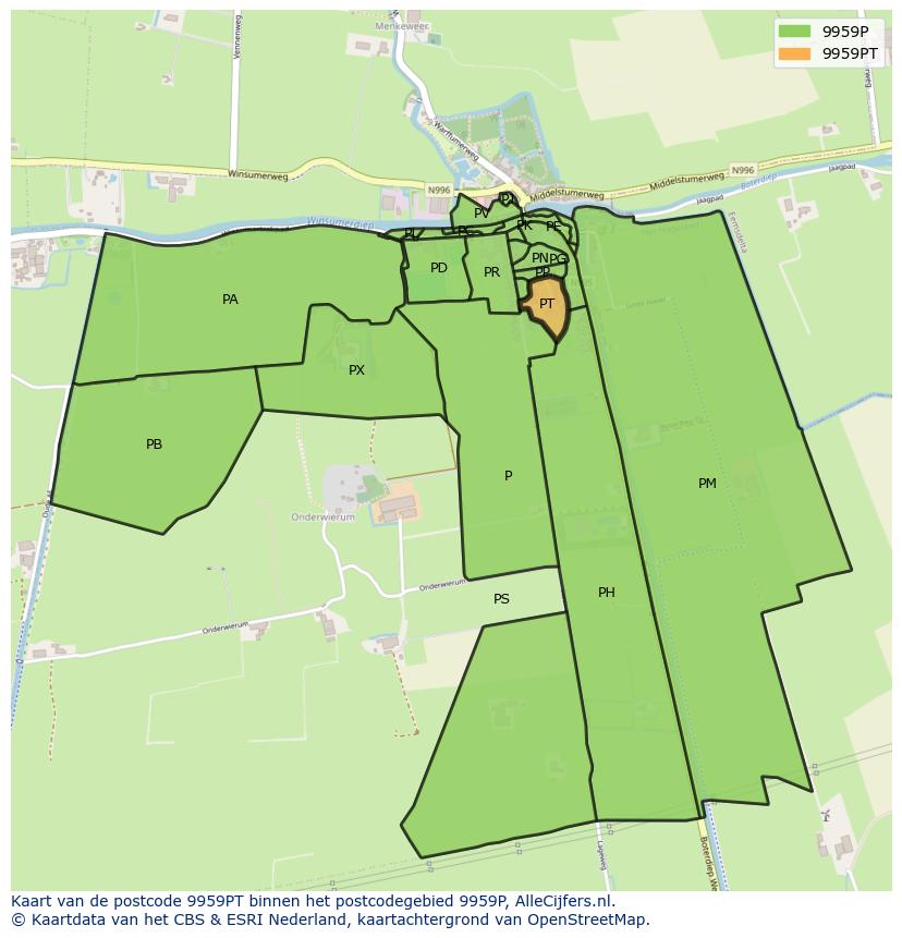 Afbeelding van het postcodegebied 9959 PT op de kaart.