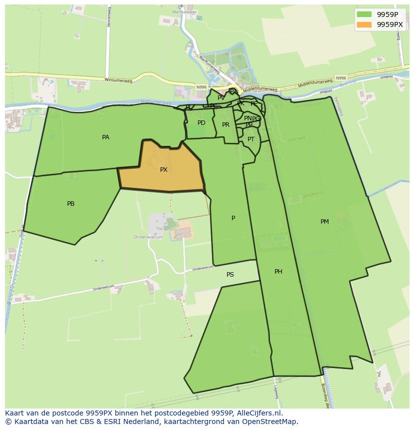 Afbeelding van het postcodegebied 9959 PX op de kaart.
