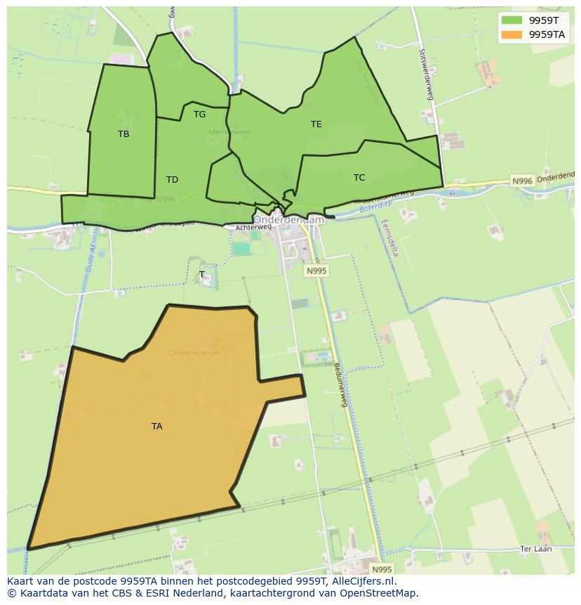 Afbeelding van het postcodegebied 9959 TA op de kaart.