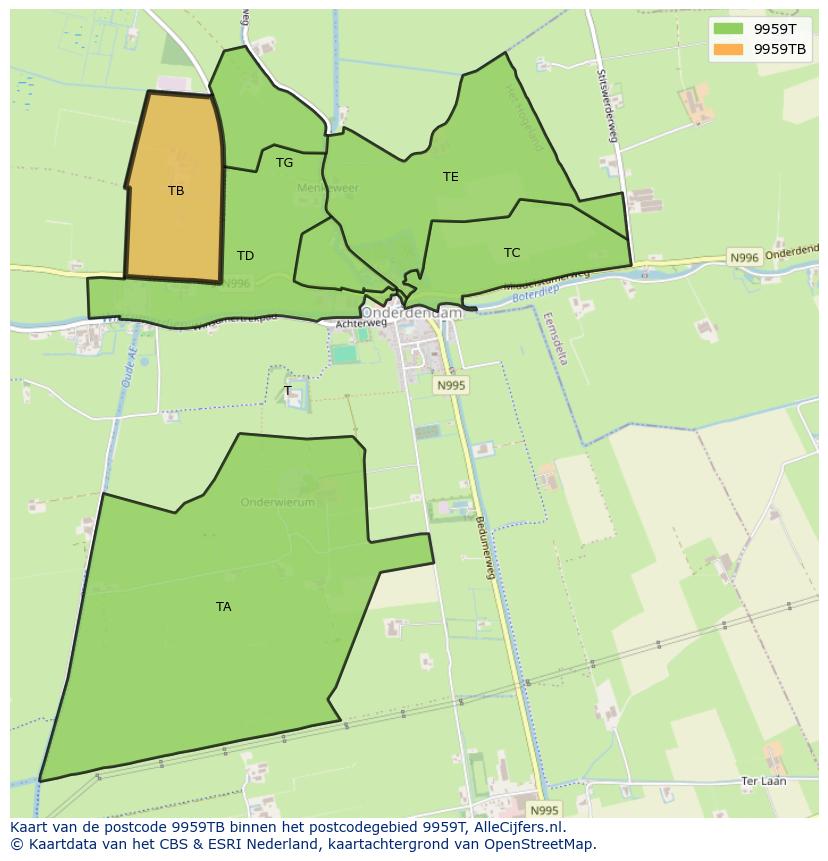 Afbeelding van het postcodegebied 9959 TB op de kaart.