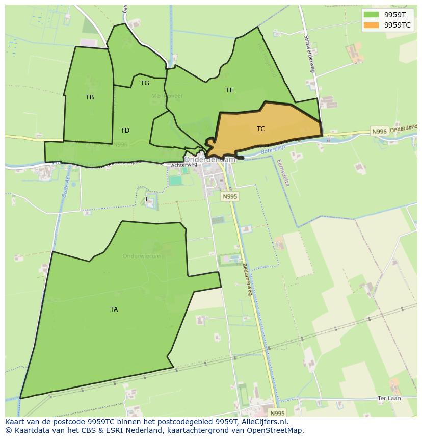 Afbeelding van het postcodegebied 9959 TC op de kaart.