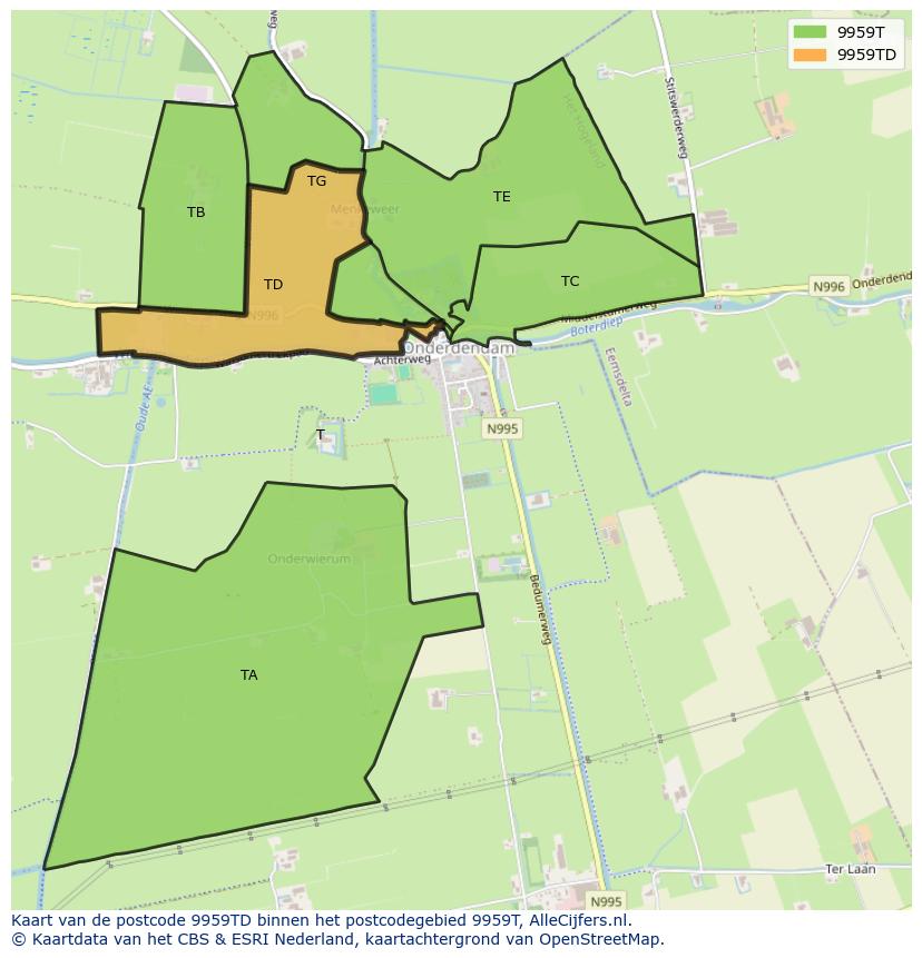 Afbeelding van het postcodegebied 9959 TD op de kaart.