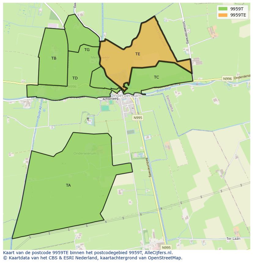 Afbeelding van het postcodegebied 9959 TE op de kaart.