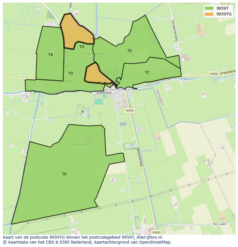 Afbeelding van het postcodegebied 9959 TG op de kaart.