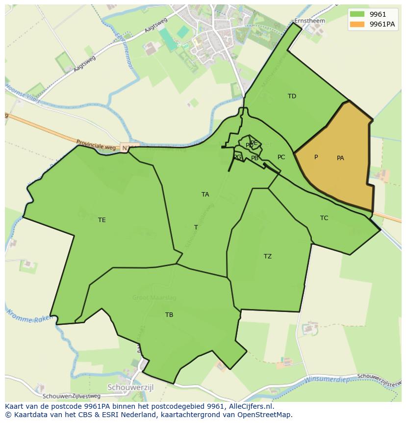 Afbeelding van het postcodegebied 9961 PA op de kaart.