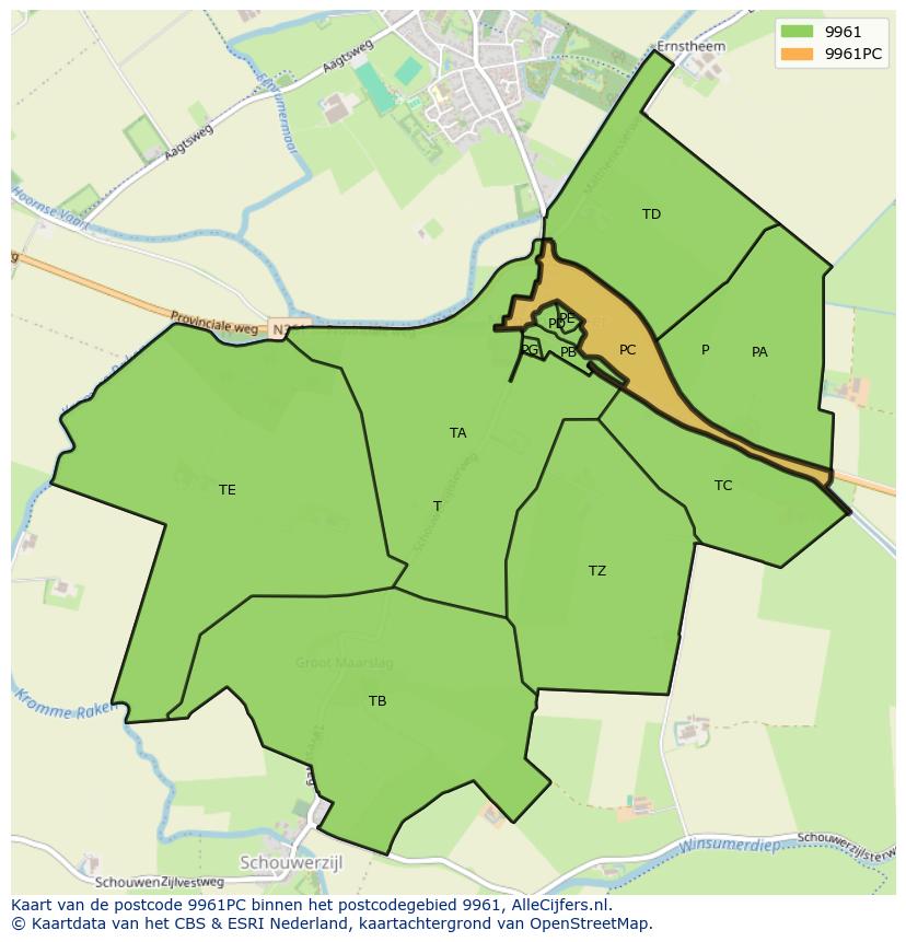 Afbeelding van het postcodegebied 9961 PC op de kaart.